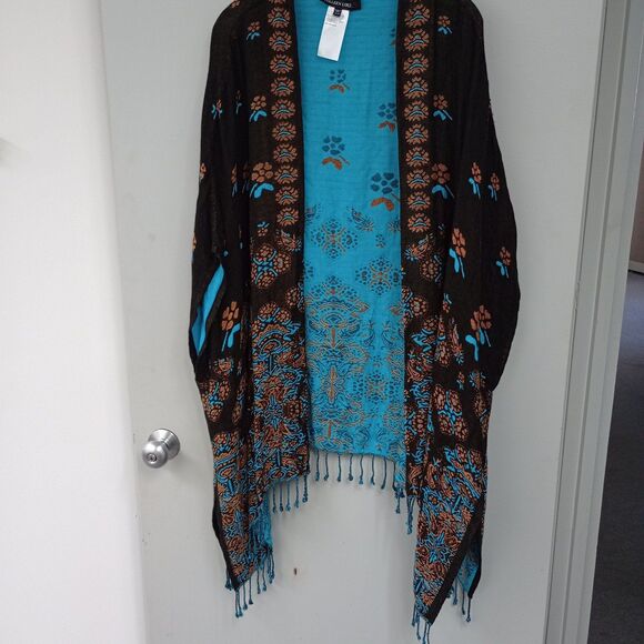 Colleen Lopez Open Front Longline Fringed Kimono Poncho 100% Viscous XL Colorful - Picture 1 of 9
